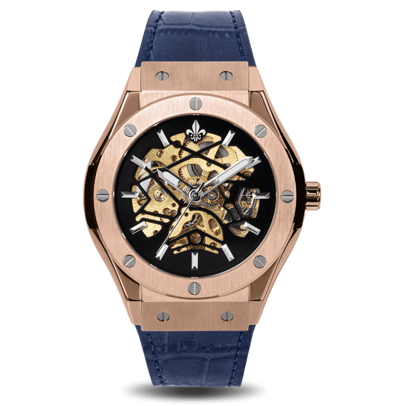 Prague Skeleton Automatic Deluxe - Rose Gold + Blue Leather Strap
