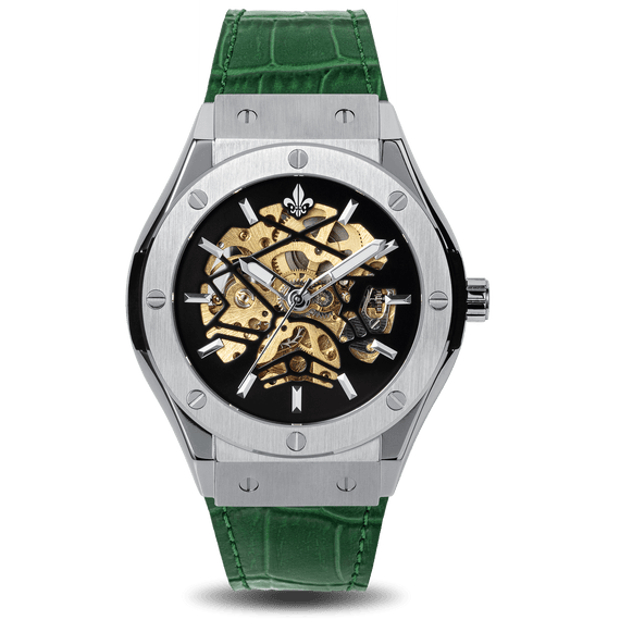Prague Skeleton Automatic Deluxe - Silver + Green Leather Strap