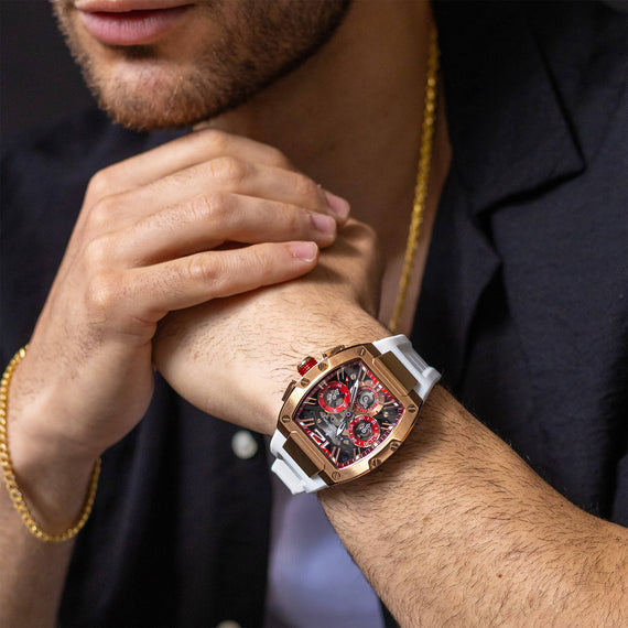 The Intrepid Sport - Ice White men's luxury watch with a bold rose gold case, red chronograph subdials, and a white strap, styled as a statement piece with a modern design.