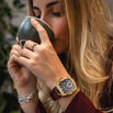 The Intrepid Sport Ladies - Scarlet Gold by Ralph Christian, a women's luxury watch with a gold case, scarlet leather strap, and detailed dial shown on wrist