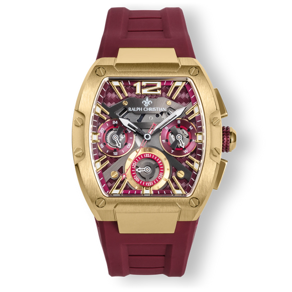 The Intrepid Sport Ladies - Scarlet Gold by Ralph Christian gold watch with burgundy strap detailed dial and three chronograph subdials