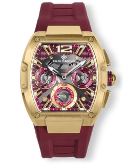 Gold-toned Ralph Christian watch with a burgundy rubber strap, burgundy patterned dial, three subdials, angular case, and visible screw details