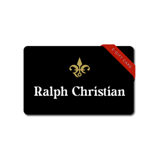 A black square graphic featuring the gold Ralph Christian fleur-de-lis logo, the words 'Ralph Christian' in white serif font, and a red diagonal ribbon label reading 'E-GIFT CARD'.