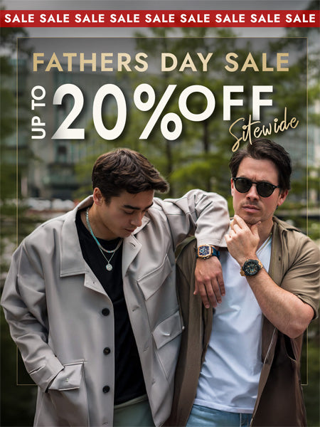 Two men standing together wearing ralph christian watches with a Fathers Day sale advertisement overlay showing up to 20% off sitewide. 