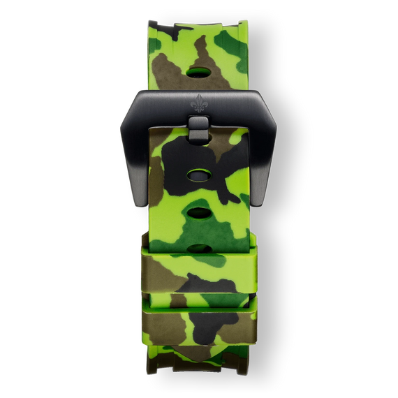 Green Camo Strap With Black Buckle featuring a bold men's luxury watch strap in green, black, and brown camouflage pattern with a matte black buckle, designed to be noticed.
