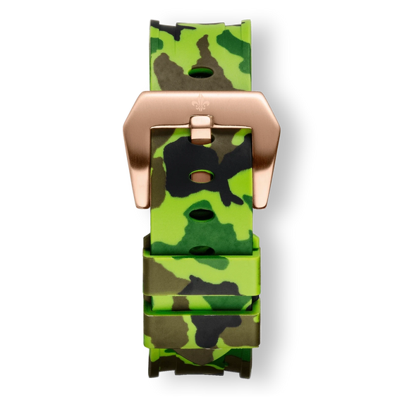 Green Camo Strap With Rose Gold Buckle featuring a bold green and brown camouflage pattern with a polished rose gold buckle, designed as a standout accessory for men’s luxury watches.
