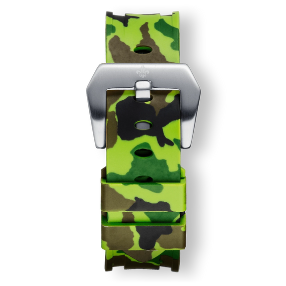 Green Camo Strap With Silver Buckle featuring a bold green and brown camouflage pattern with a sleek silver buckle, designed to complement men's luxury watches with statement style.
