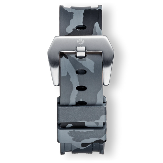 Grey Camo Strap With Silver Buckle featuring a durable grey camouflage pattern and a sleek silver buckle, designed for men seeking a bold by design statement watch accessory.