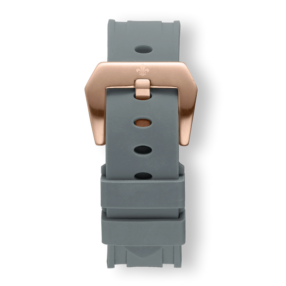 Grey Silicone Strap With Rose Gold Buckle featuring a sleek, durable grey silicone band paired with a bold, polished rose gold buckle, designed for men's luxury watches by Ralph Christian.