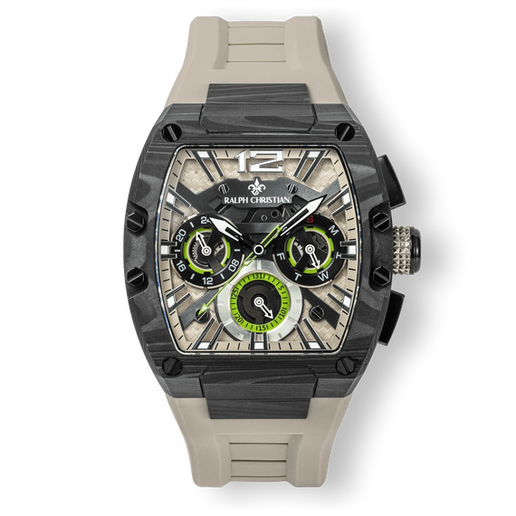Intrepid Sport Carbon Fibre - Ivory Slate watch featuring a bold carbon fibre case, ivory slate dial with 24-hour subdial, day and date functions, and beige silicone strap.