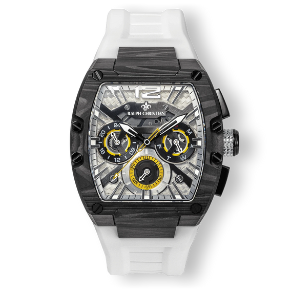 Intrepid Sport Carbon Fibre - Polar Sun men's luxury watch featuring a bold carbon fibre case, white rubber strap, textured grey dial with yellow-accented chronograph subdials, and silver-tone hands.
