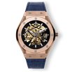 Prague Skeleton Automatic Deluxe - Rose Gold + Blue Leather Strap men's luxury watch featuring a rose gold case, skeleton dial with silver-tone markers, and blue leather strap, bold by design.