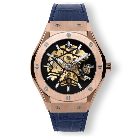 Prague Skeleton Automatic Deluxe - Rose Gold + Blue Leather Strap men's luxury watch featuring a rose gold case, skeleton dial with silver-tone markers, and blue leather strap, bold by design.