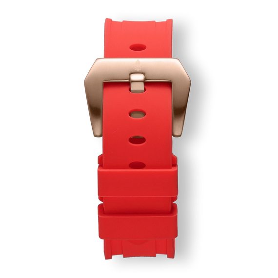 Red Silicone Strap With Rose Gold Buckle for men's luxury watches, featuring a bold red silicone band paired with a sleek rose gold buckle for a statement look. Bold by Design.