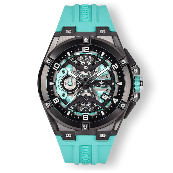 The Apex Chrono - Aqua Marine men's luxury watch with aqua marine silicone strap, black and silver chronograph dial featuring date function and bold numeric markers.