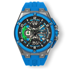The Apex Chrono - Celestial Blue men's luxury watch features a bold blue case and strap, black and green chronograph subdials, durable sapphire-coated crystal, and a modern, statement design by Ralph Christian.