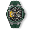 The Apex Chrono - Heritage Green men's luxury watch features a green bezel and silicone strap, bold chronograph subdials, and a detailed skeleton dial with date function, designed to be noticed.
