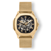 The Ava Automatic - Ladies - Gold featuring a gold mesh strap, a gold square case with rounded edges, and a partially skeletonized black dial with gold Roman numeral hour markers and gold hands, showcasing intricate watch mechanism details.