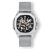 The Ava Automatic - Ladies - Silver featuring a bold silver mesh strap and a square silver case with a partially skeletonized black dial accented by Roman numerals and a small subdial, designed as a statement watch by Ralph Christian.