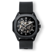 The Avalon - Black men's luxury watch with a bold black case, visible skeleton dial featuring Roman numerals, and black leather strap by Ralph Christian, statement luxury watch designed to be noticed. Bold by Design.