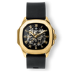 The Avalon - Gold men's luxury watch featuring a bold gold case, black dial with Roman numerals, visible intricate movement details, and a black leather strap, bold by design.