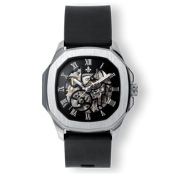 The Avalon - Silver men's luxury watch with a silver-tone steel case, black skeleton dial featuring Roman numerals, and a black leather strap, bold by design.