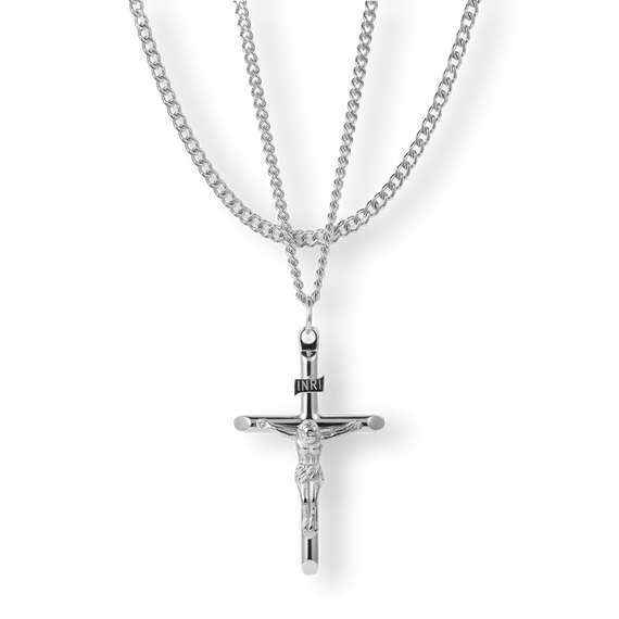 The Crucifix Essentials Bundle - Silver featuring a polished silver crucifix pendant on a matching silver chain, designed as a bold men's jewelry statement piece.