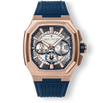 The Equinox Chrono - Atlantic Crest men's luxury watch featuring a bold rose gold case, blue textured dial with chronograph subdials, date function, and a blue rubber strap, showcasing statement watch design by Ralph Christian.