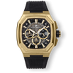 The Equinox Chrono - Golden Eclipse men's luxury watch featuring a bold gold-tone angular case, black textured dial with chronograph subdials, date function, and a black rubber strap.