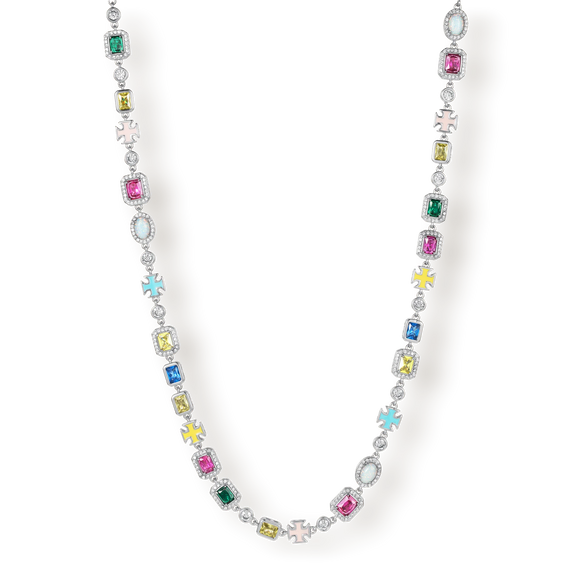The Gemstone Necklace featuring a delicate silver chain adorned with colorful cubic zirconia gemstones in various shapes and vibrant hues, designed to make a bold statement.