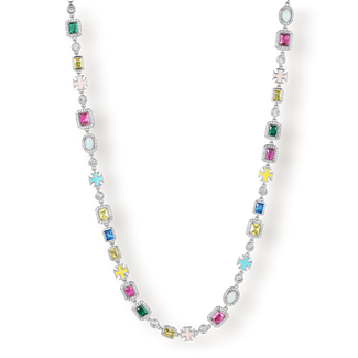 The Gemstone Necklace featuring a delicate silver chain adorned with colorful cubic zirconia gemstones in various shapes and vibrant hues, designed to make a bold statement.