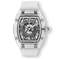 The Ghost Automatic - Transparent White men's luxury watch with a bold transparent case, black and silver chronograph dial featuring Arabic numerals, and a white strap, bold by design.