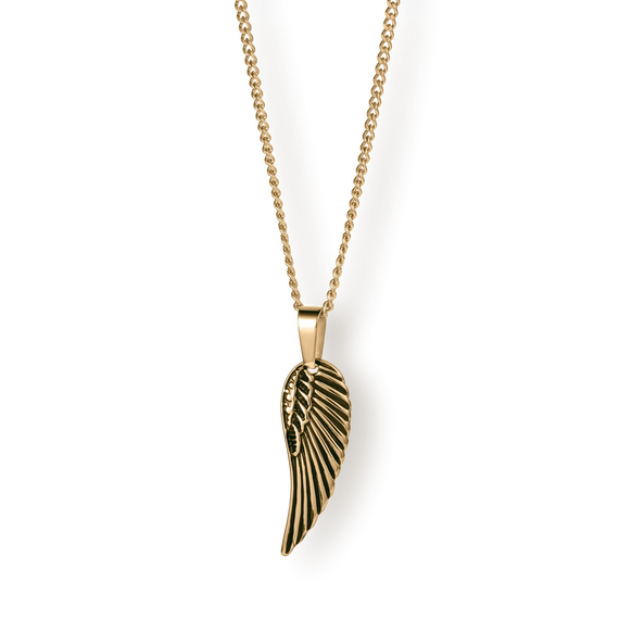 The Gold Wing Pendant - Essentials Collection features a sleek gold-tone wing pendant on a matching chain, crafted for men's jewelry with bold and luxurious design.