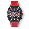 The Intrepid Chronograph - Red men's luxury watch featuring a bold black and red dial with chronograph subdials, date function, and a red leather strap with white stitching.