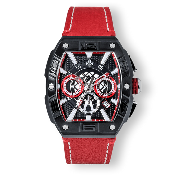 The Intrepid Chronograph - Red men's luxury watch featuring a bold black and red dial with chronograph subdials, date function, and a red leather strap with white stitching.