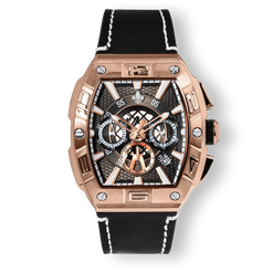 The Intrepid Chronograph - Rose Gold men's luxury watch with a bold rose gold case, black dial featuring chronograph subdials, date function, and a black leather strap with white stitching.