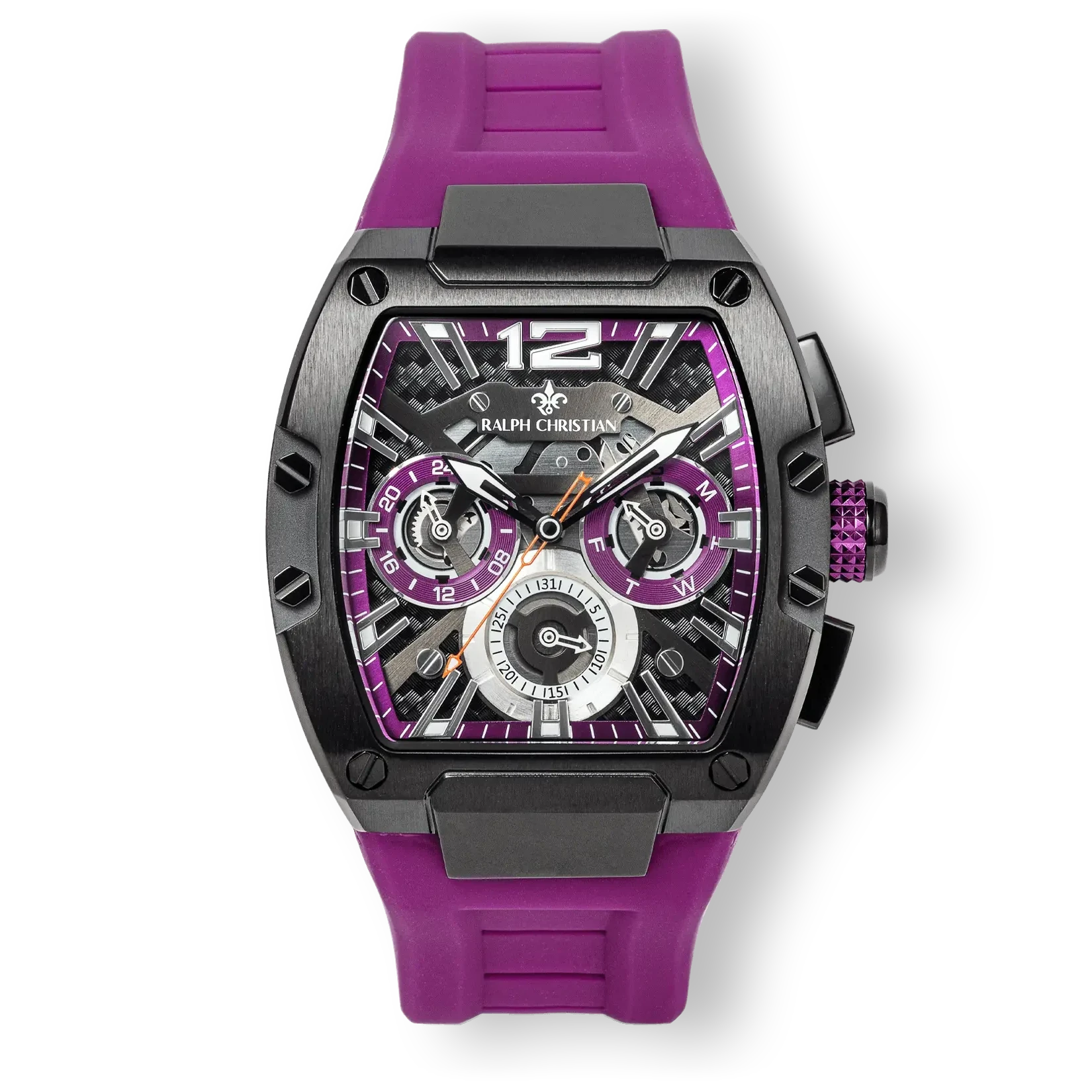 The Intrepid Sport - Amethyst Blaze men's luxury watch features a bold purple silicone strap, black rectangular case with hex screws, and a detailed dial with day and date subdials, accented by orange and purple highlights.
