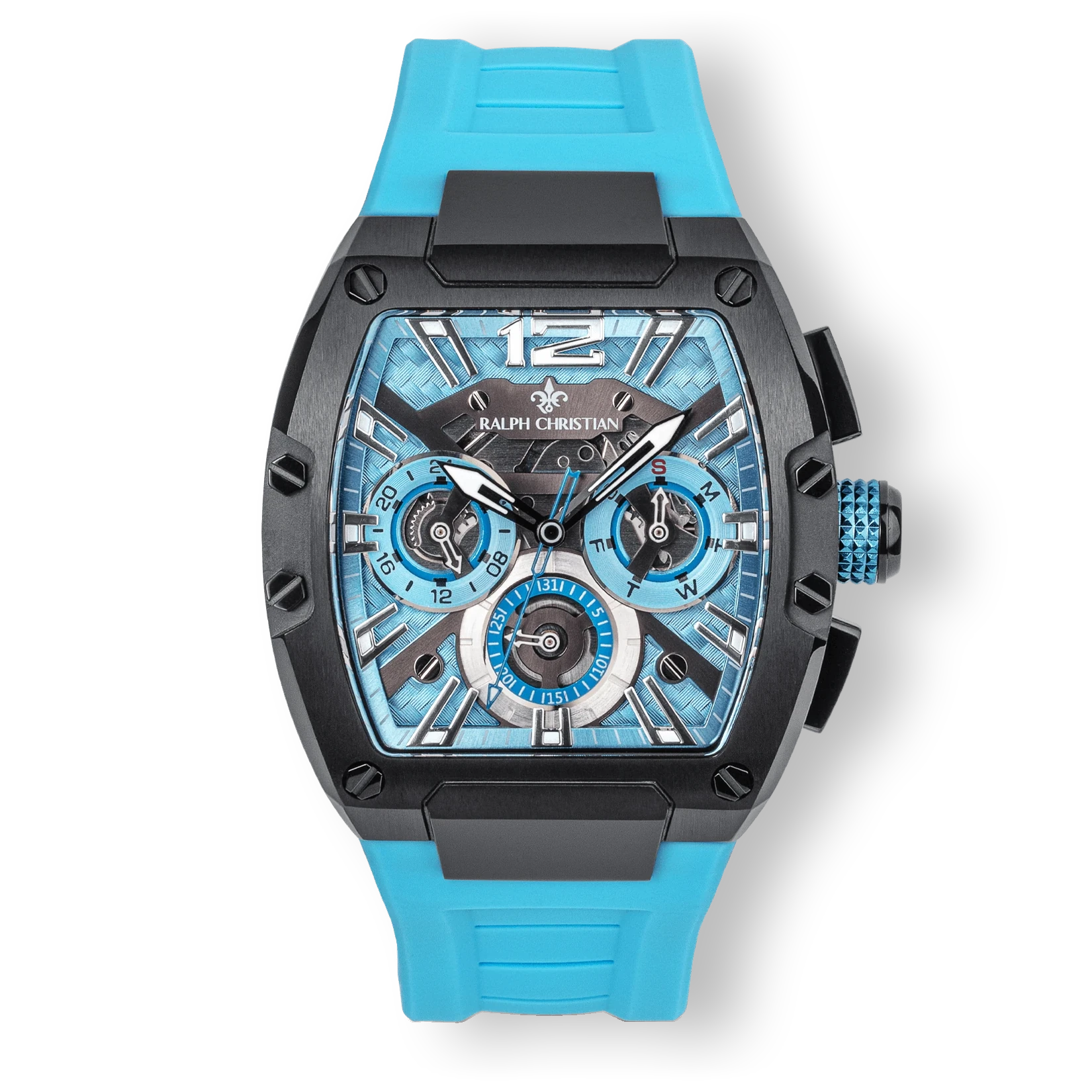 The Intrepid Sport - Arctic Blue men's luxury watch with bold black case, blue textured dial featuring 24-hour subdial, day and date functions, and a vibrant blue silicone strap, statement luxury watch by Ralph Christian. Bold by Design.
