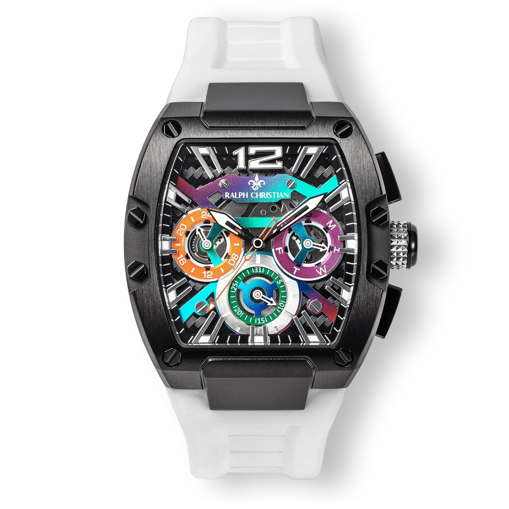 The Intrepid Sport - Aurora Burst men's luxury watch with black case, multicolor dial accents, day and date functions, and white rubber strap, bold by design.