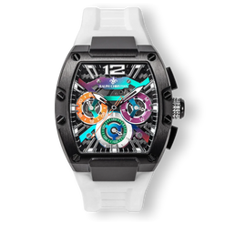 The Intrepid Sport - Aurora Burst men's luxury watch with black case, multicolor dial accents, day and date functions, and white rubber strap, bold by design.