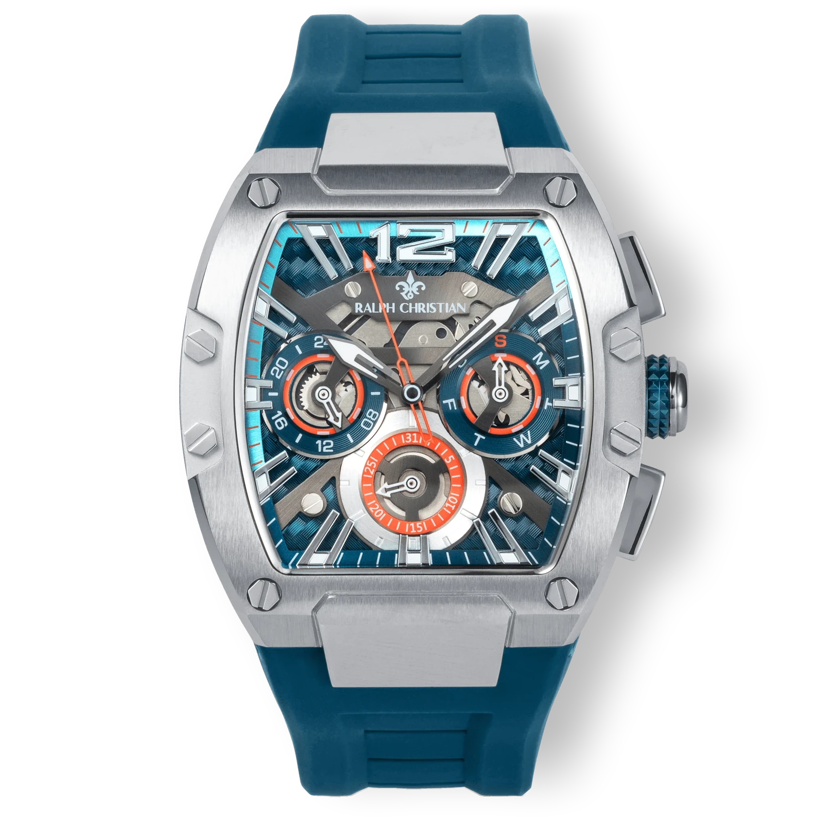 The Intrepid Sport - Blue Horizon men's luxury watch featuring a blue rubber strap, bold stainless steel case, sapphire-coated crystal, and intricate chronograph subdials with orange accents, designed to be noticed. Bold by Design.