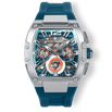 The Intrepid Sport - Blue Horizon men's luxury watch featuring a blue rubber strap, bold stainless steel case, sapphire-coated crystal, and intricate chronograph subdials with orange accents, designed to be noticed. Bold by Design.