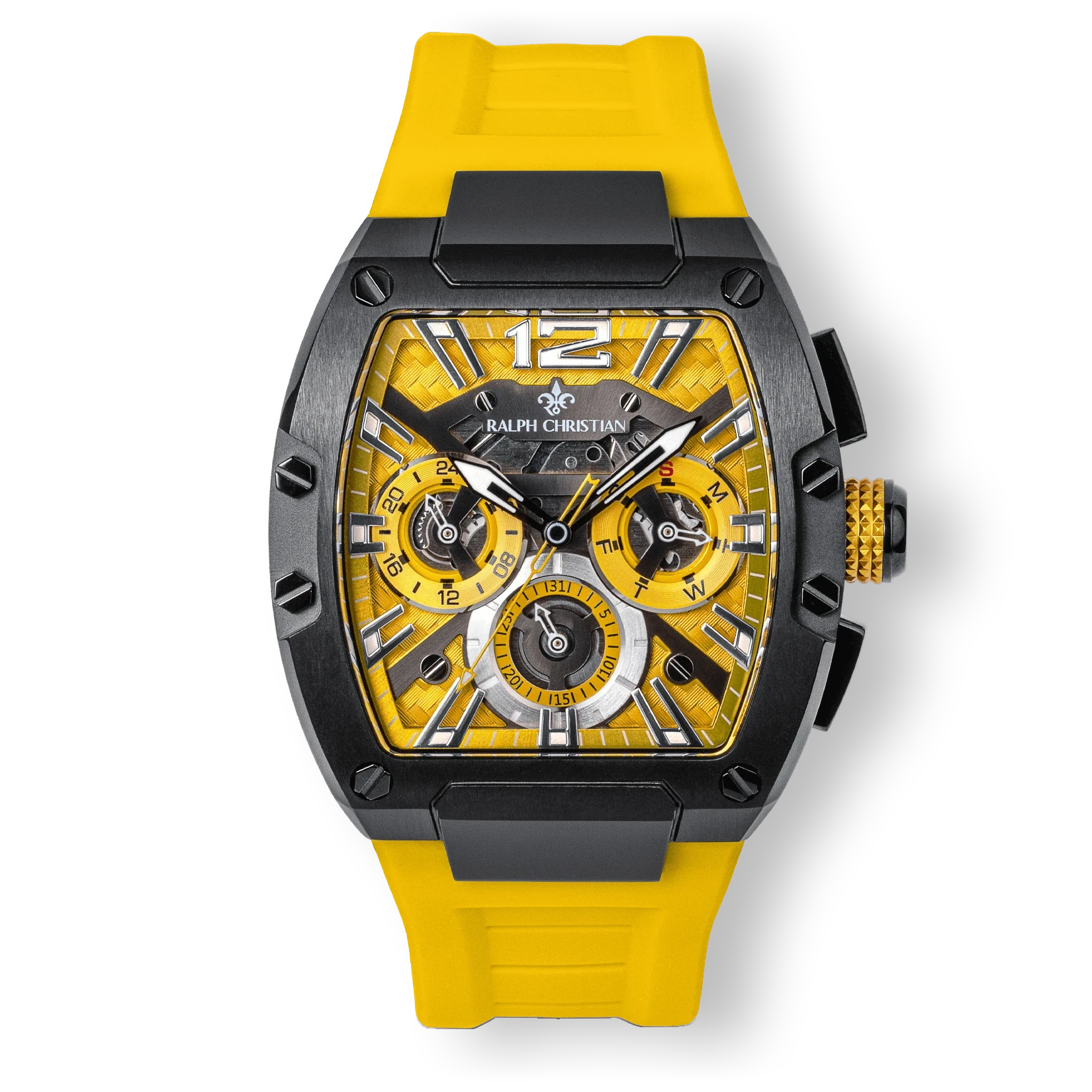 The Intrepid Sport - Electric Yellow men's luxury watch features a vibrant yellow textured dial with 24-hour, day, and date subdials, housed in a black bold case with a matching yellow strap, bold by design.
