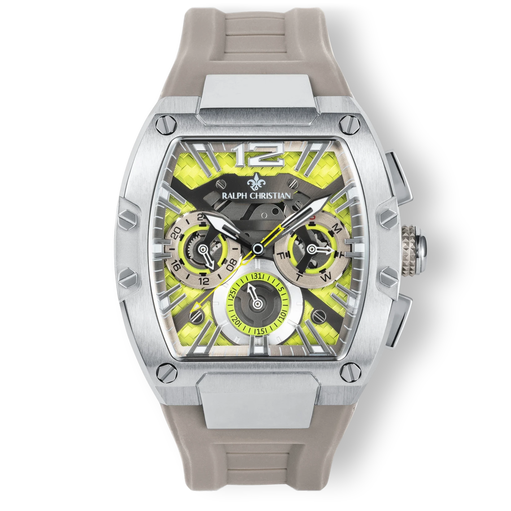The Intrepid Sport - Electro Slate men's luxury watch featuring a silver rectangular case with brushed steel finish, bold chronograph subdials, lime green accents on the dial, and a taupe silicone strap with a modern sporty design.
