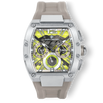 The Intrepid Sport - Electro Slate men's luxury watch featuring a silver rectangular case with brushed steel finish, bold chronograph subdials, lime green accents on the dial, and a taupe silicone strap with a modern sporty design.