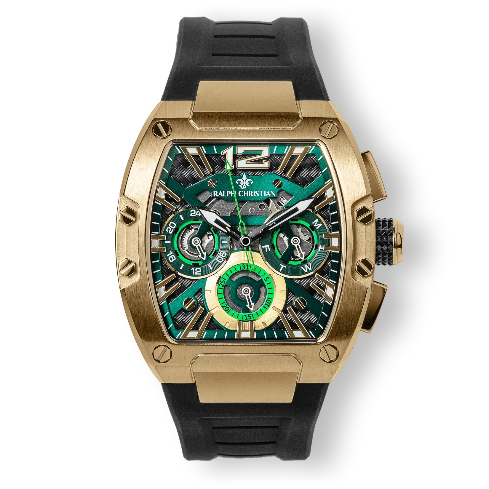 The Intrepid Sport - Gilded Black men's luxury watch featuring a bold gold-tone case, green textured dial with 24-hour, day, and date subdials, black rubber strap, and screw-down crown.