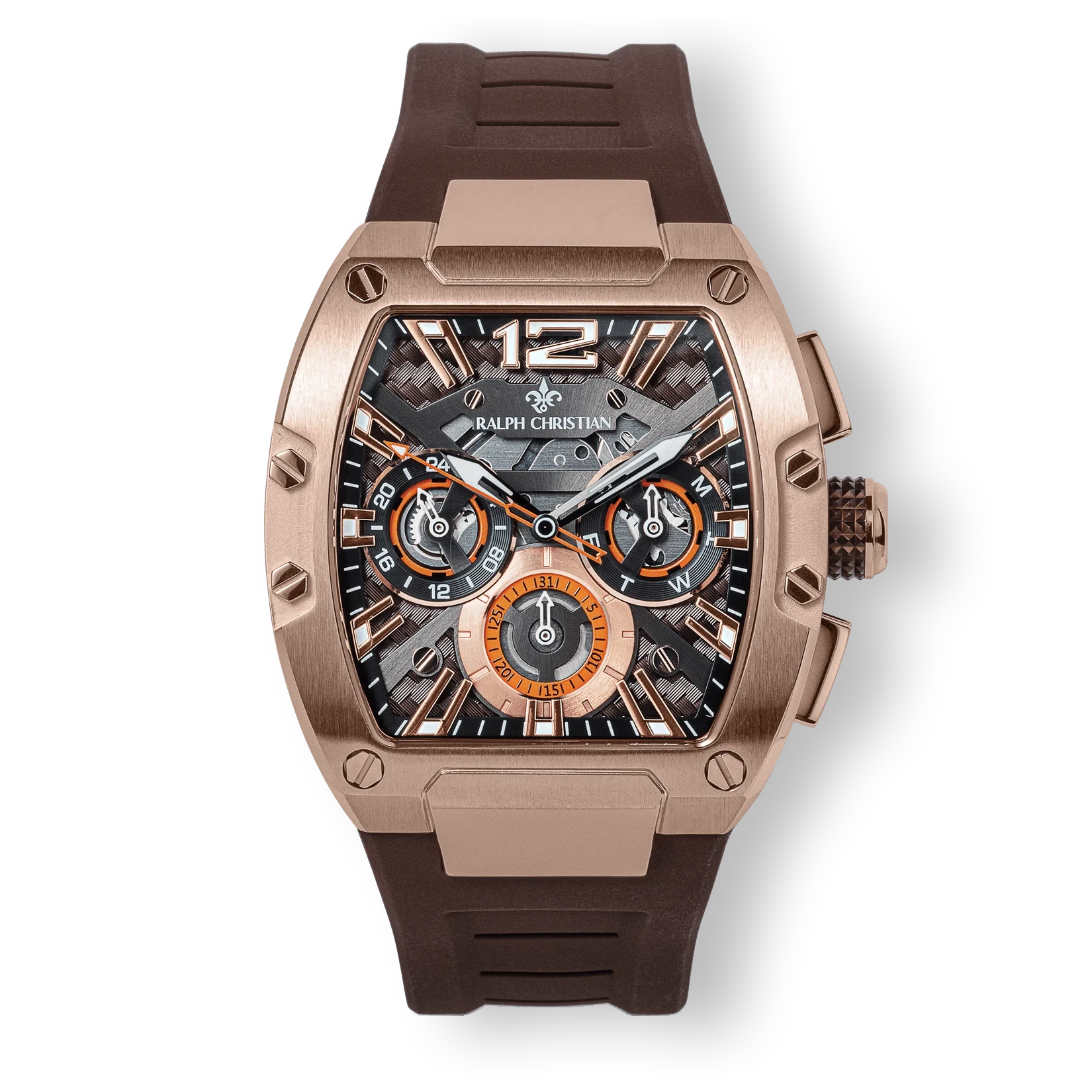 The Intrepid Sport - Gilded Brown men's luxury watch features a bold square rose gold-tone case, black and brown dial with chronograph subdials, and a textured brown rubber strap.