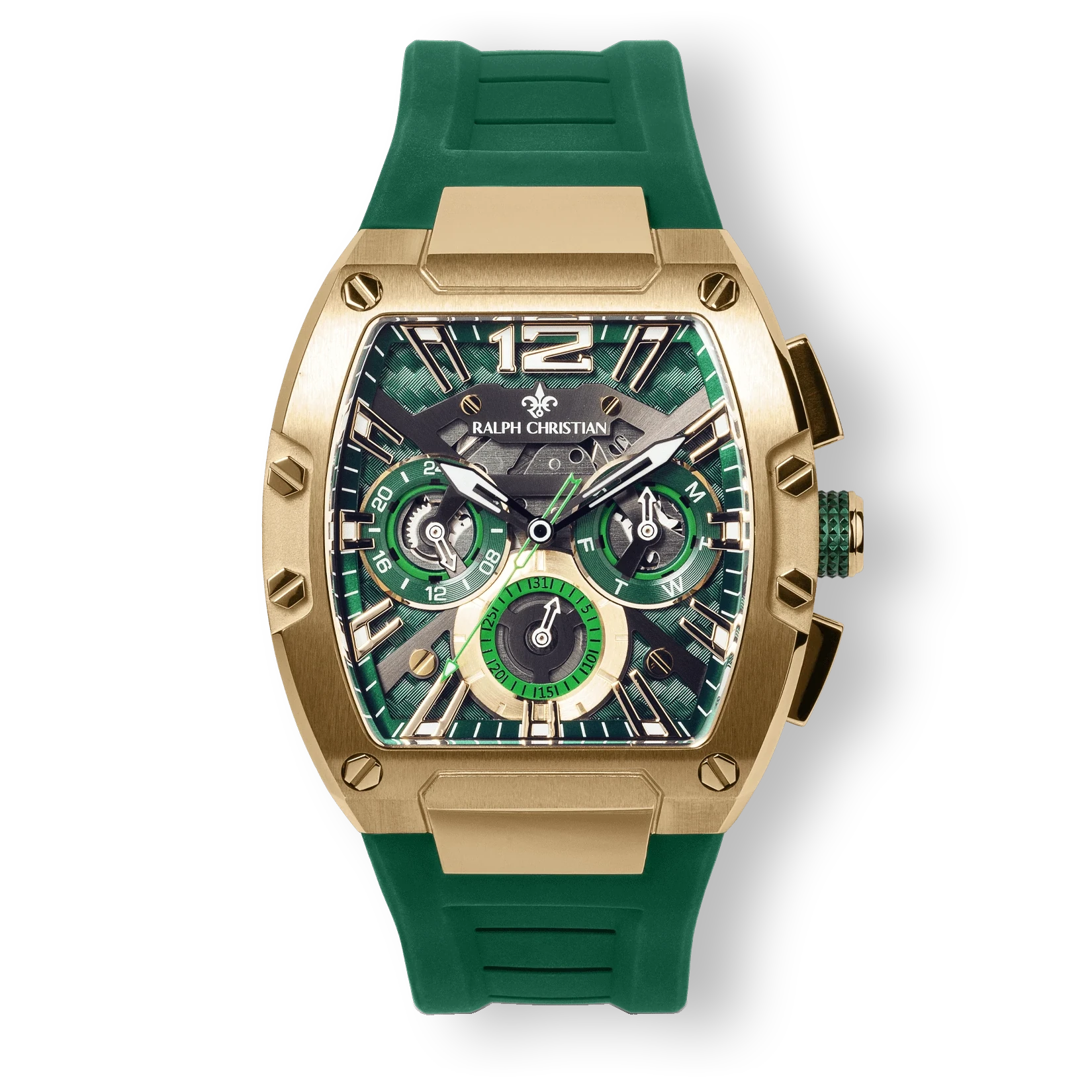 The Intrepid Sport - Gold men's luxury watch features a bold gold case with multiple chronograph subdials and a green dial, paired with a green rubber strap. Bold by Design.