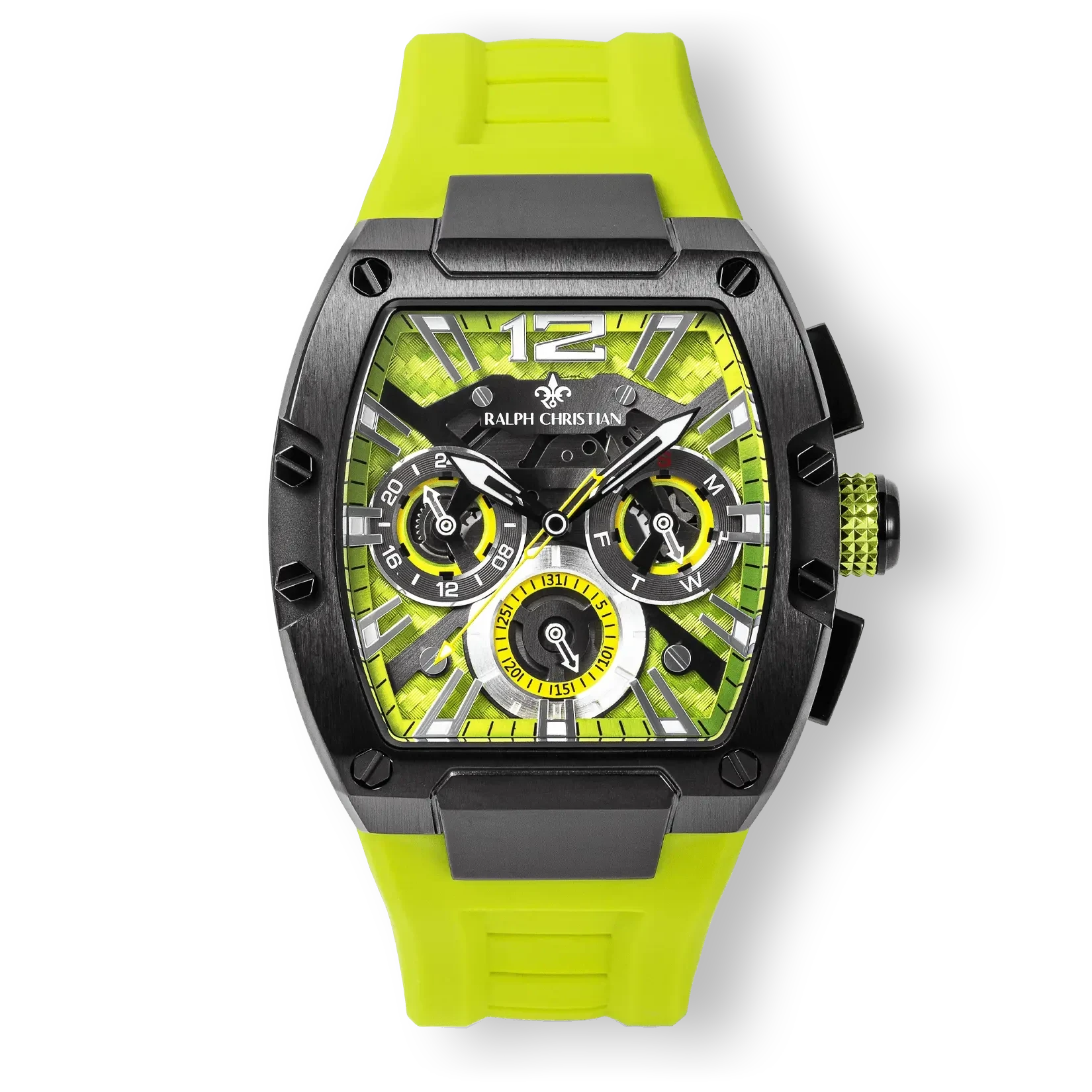 The Intrepid Sport - Hyper Lime men's luxury watch featuring a bold lime green dial and strap, black rectangular case, chronograph subdials, day and date functions, and signature Ralph Christian detailing.