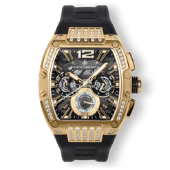 The Intrepid Sport Ice - Midas Black men's luxury watch featuring a gold-tone case with cubic zirconia accents, black textured dial with chronograph subdials, and a black rubber strap.